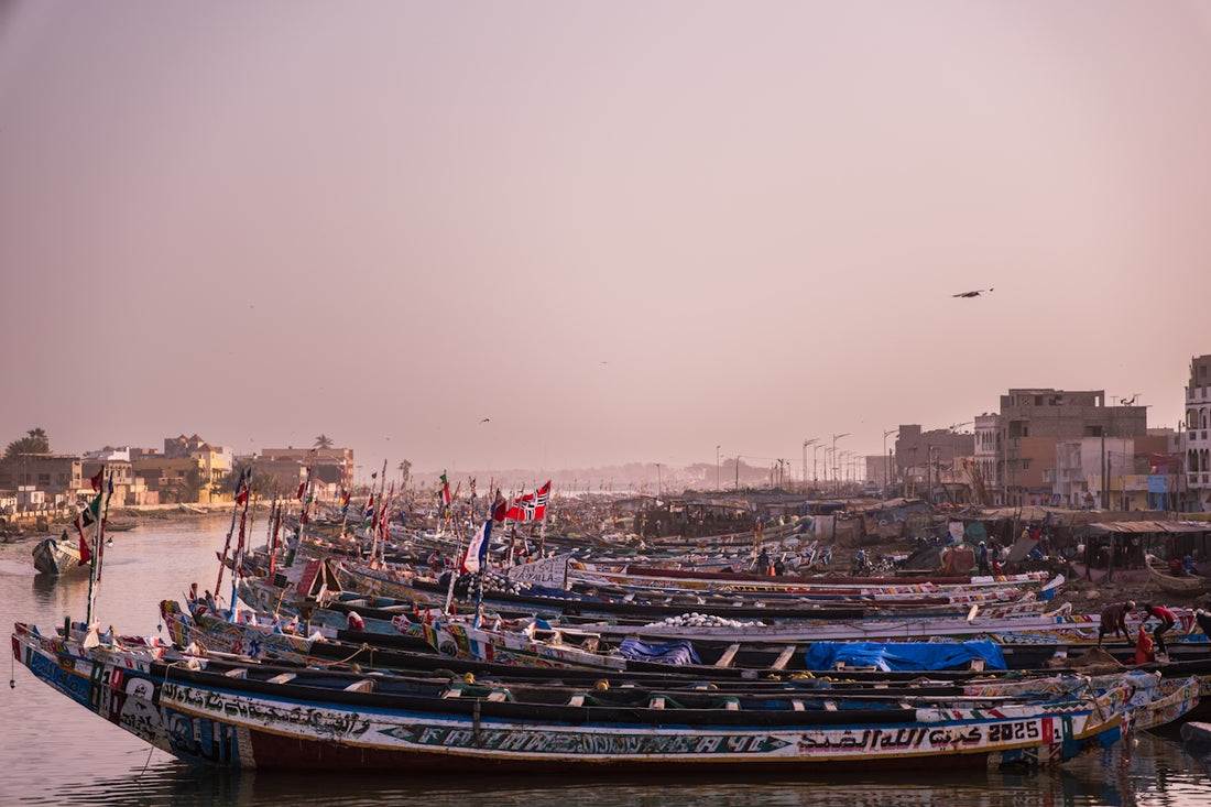 Many colorful fishing boats docked in a busy harbor.
