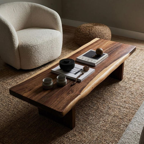 Live Edge Coffee Table - 20x50 Inches South American Walnut Wood Bench - Living Room Furniture - Handcrafted Modern Rustic Coffee Table