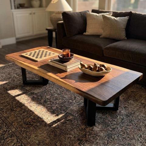 Live Edge Coffee Table - 20x50 Inches South American Walnut Wood Bench - Industrial Living Room Furniture - Metal legs Rustic Coffee Table