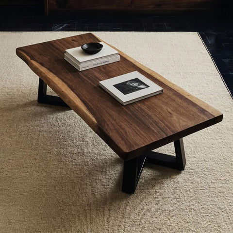 Live Edge Coffee Table - 20x50 Inches South American Walnut Wood Bench - Industrial Living Room Furniture - Metal legs Rustic Coffee Table