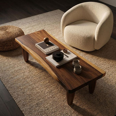 Live Edge Coffee Table - 20x50 Inches Walnut Senufo Bench Design - Living Room Furniture - Handcrafted Modern Rustic Coffee Table