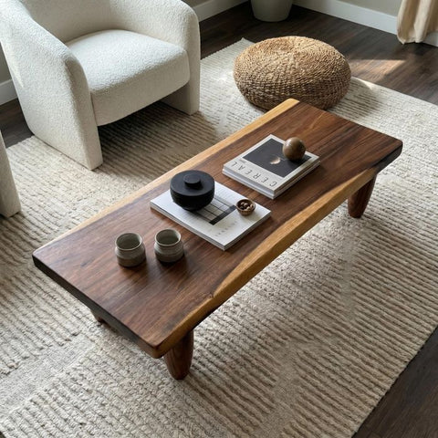 Live Edge Coffee Table - 20x50 Inches Walnut Senufo Bench Design - Living Room Furniture - Handcrafted Modern Rustic Coffee Table
