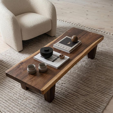 Live Edge Coffee Table - 20x50 Inches Walnut Senufo Bench Design - Living Room Furniture - Handcrafted Modern Rustic Coffee Table