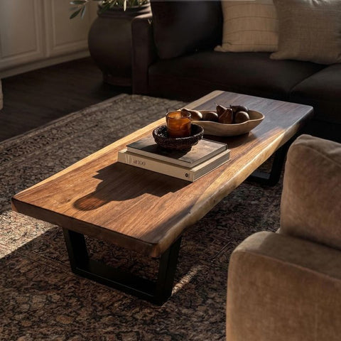 Live Edge Coffee Table - 20x50 Inches South American Walnut Wood Bench - Industrial Living Room Furniture - Metal legs Rustic Coffee Table