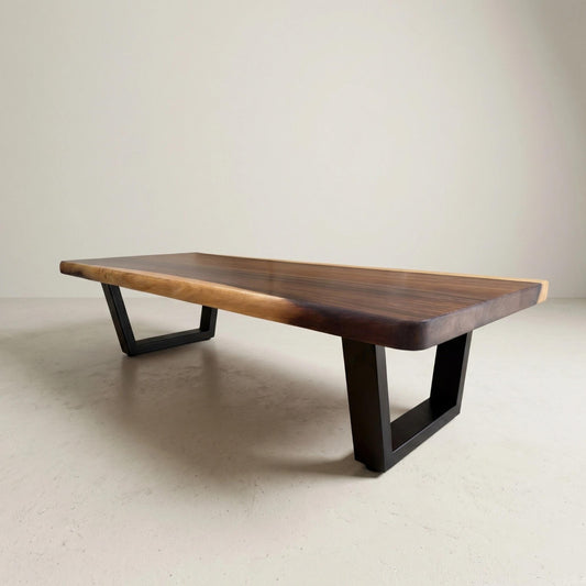 Live Edge Coffee Table - 20x50 Inches South American Walnut Wood Bench - Industrial Living Room Furniture - Metal legs Rustic Coffee Table