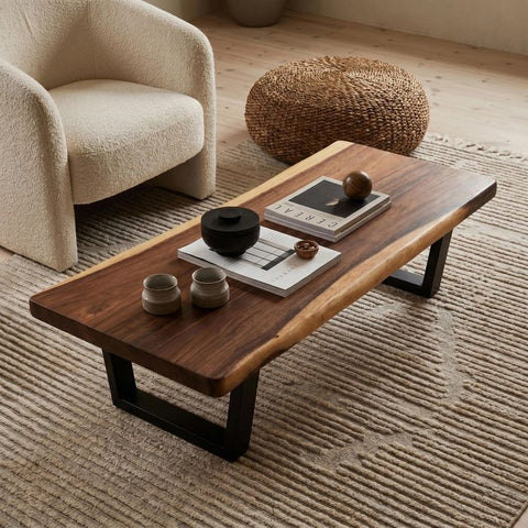 Live Edge Coffee Table - 20x50 Inches South American Walnut Wood Bench - Industrial Living Room Furniture - Metal legs Rustic Coffee Table