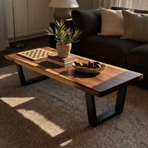 Live Edge Coffee Table - 20x50 Inches South American Walnut Wood Bench - Industrial Living Room Furniture - Metal legs Rustic Coffee Table