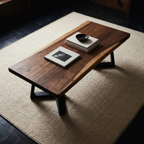 Live Edge Coffee Table - 20x50 Inches South American Walnut Wood Bench - Industrial Living Room Furniture - Metal legs Rustic Coffee Table