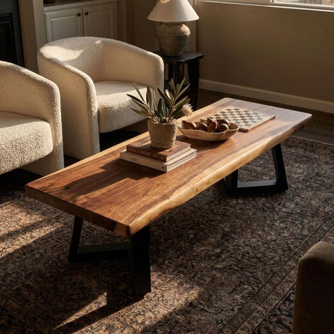 Live Edge Coffee Table - 20x50 Inches South American Walnut Wood Bench - Industrial Living Room Furniture - Metal legs Rustic Coffee Table