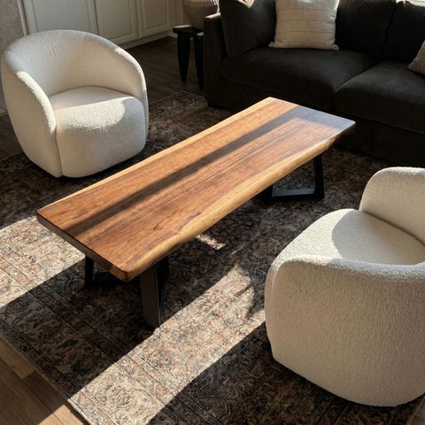 Live Edge Coffee Table - 20x50 Inches South American Walnut Wood Bench - Industrial Living Room Furniture - Metal legs Rustic Coffee Table
