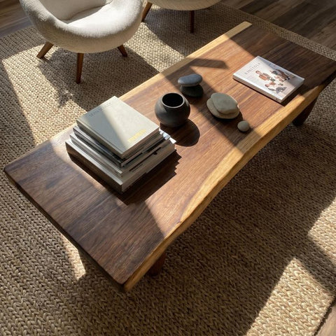 Live Edge Coffee Table - 20x50 Inches Walnut Senufo Bench Design - Living Room Furniture - Handcrafted Modern Rustic Coffee Table