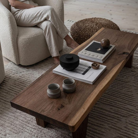 Live Edge Coffee Table - 20x50 Inches Walnut Senufo Bench Design - Living Room Furniture - Handcrafted Modern Rustic Coffee Table